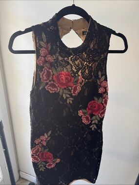 As U Wish Black Lace Mini Dress with Red & Pink Floral Embroidery